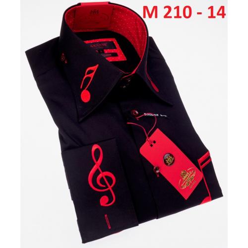 Axxess Black / Red Music Note Embroidered Cotton Modern Fit French Cuff Shirt M210-14